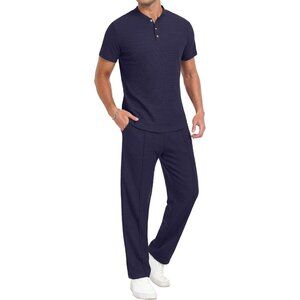Men's Short Sleeve Outfits Waffle Knit Henley Shirt and Pants Set Casual 2 Piece